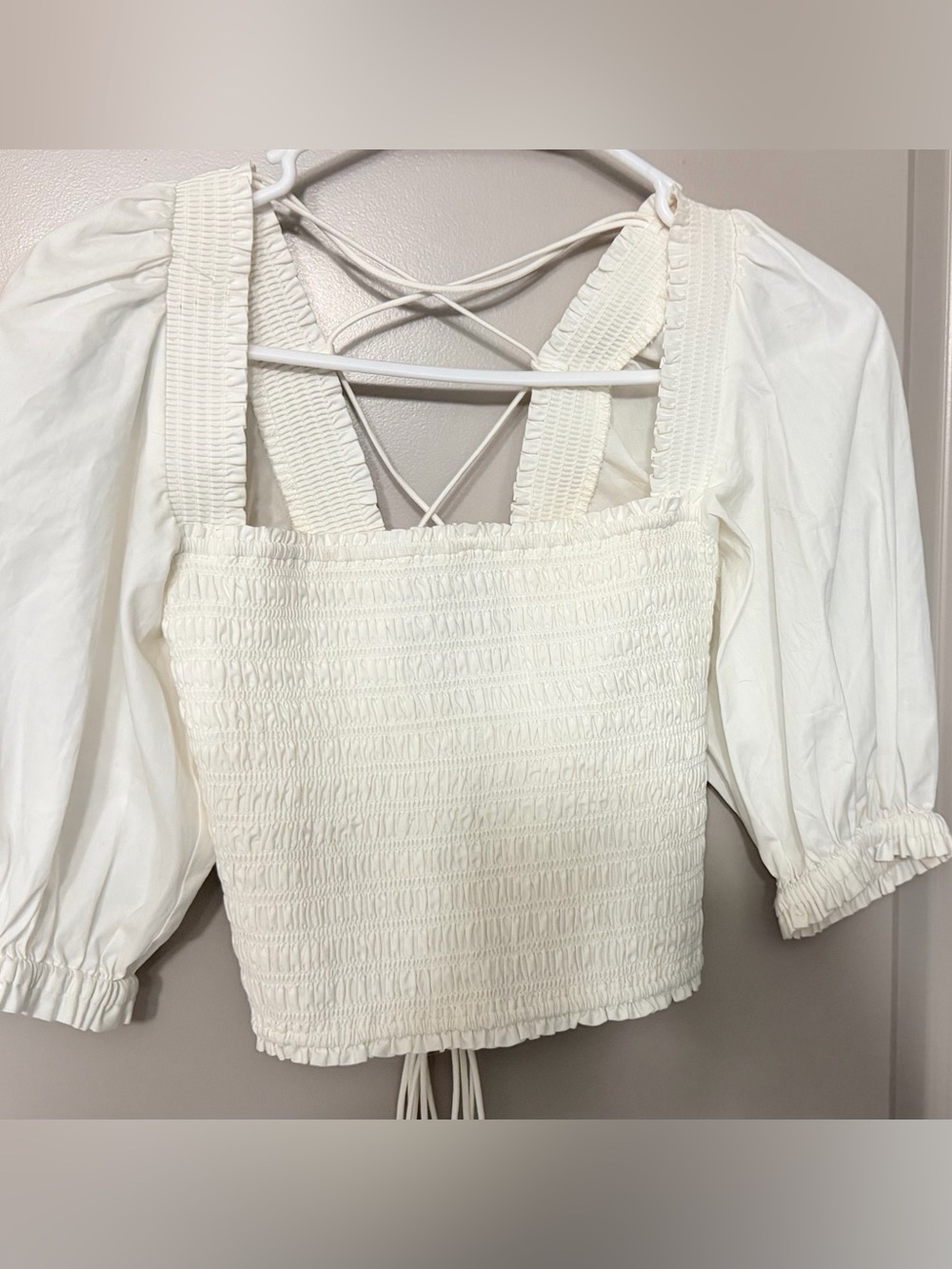 INTERMIX White Smocked Square Neck Puff Sleeve Crop Top
